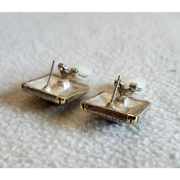 Vintage Signed DP Silver Tone Gold Tone Earrings Chunky Square Black Stone - Picture 7 of 9